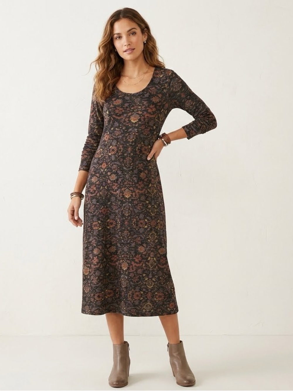 NEW Peruvian Connection Cotton Dynasty Floral Black-Grey Floral Midi Dress